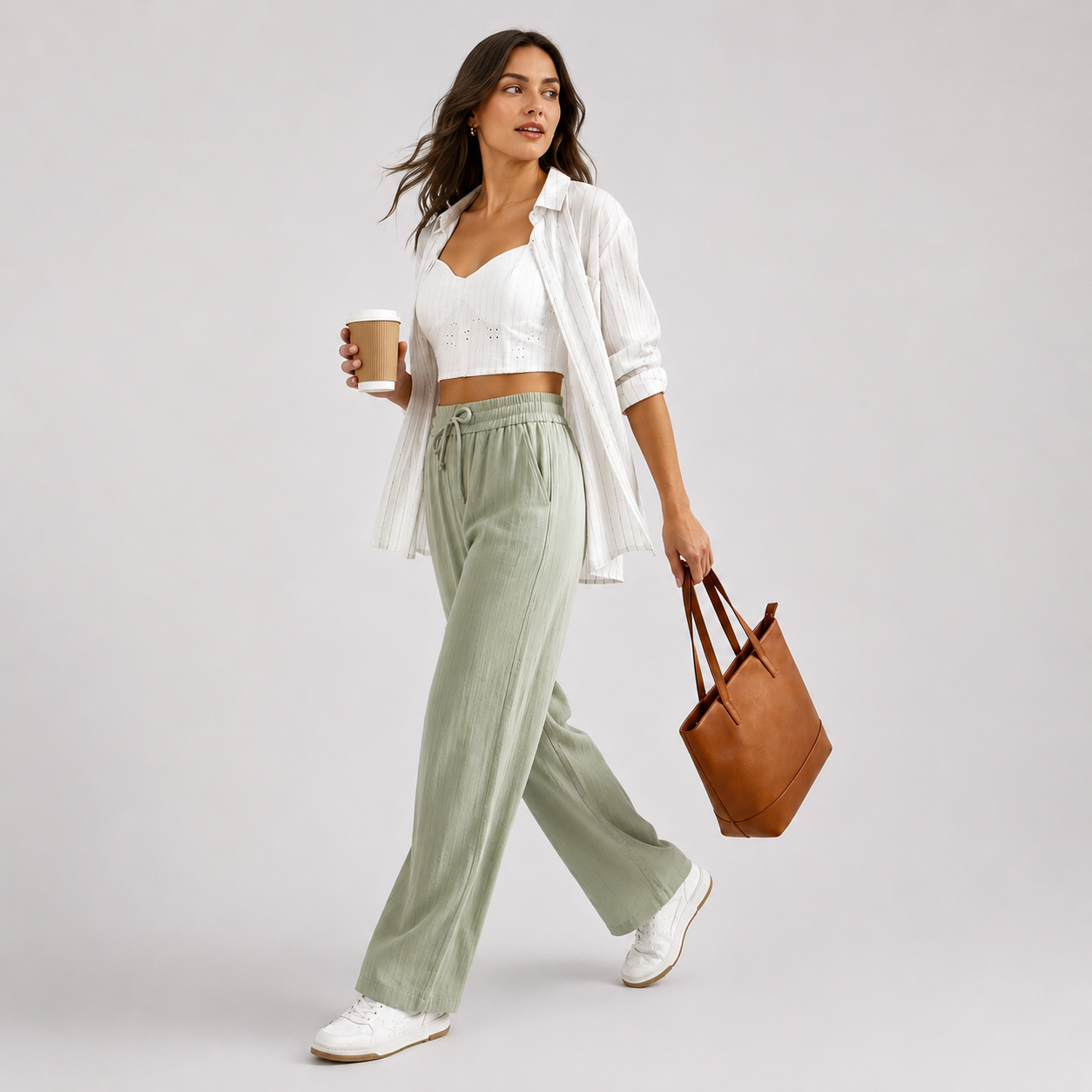 Pantalones Casuales de Cintura Alta con Cordón y Bolsillos, Estilo Lino, Pierna Ancha