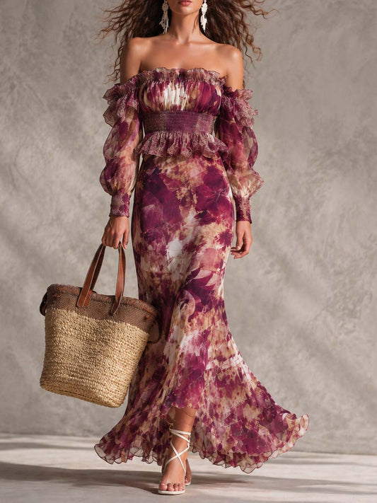 Dalia | Vestido largo de gasa con escote bardot