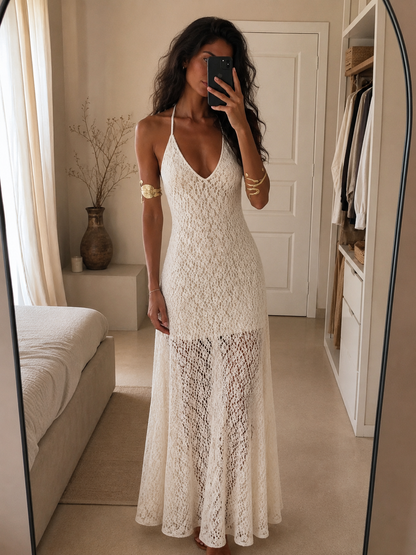 Vestido largo de encaje Amalfi, detalle del bajo y la espalda