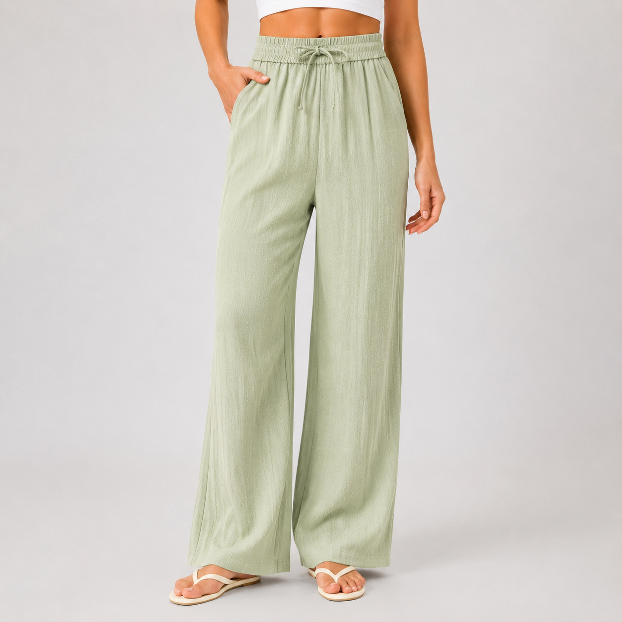 Pantalones Casuales de Cintura Alta con Cordón y Bolsillos, Estilo Lino, Pierna Ancha