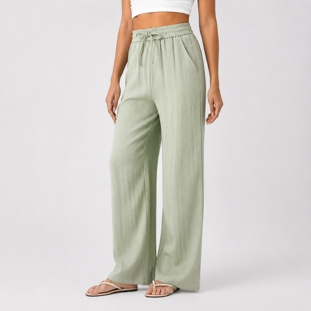 Pantalones Casuales de Cintura Alta con Cordón y Bolsillos, Estilo Lino, Pierna Ancha