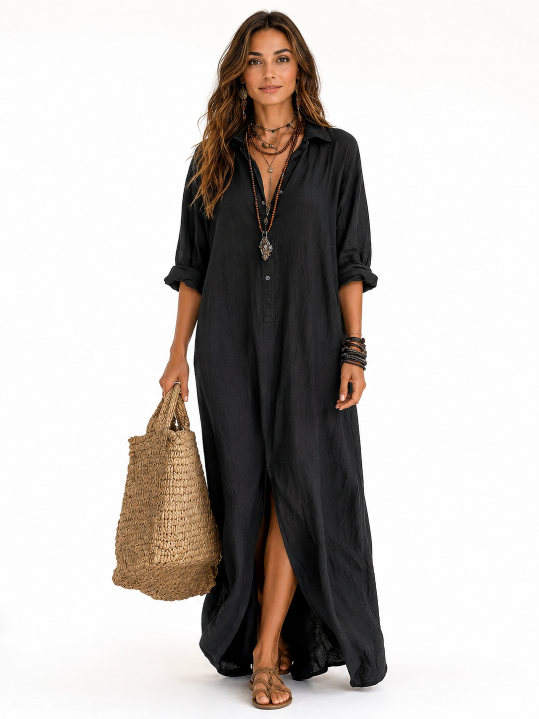 Vestido largo maxi negro con botones