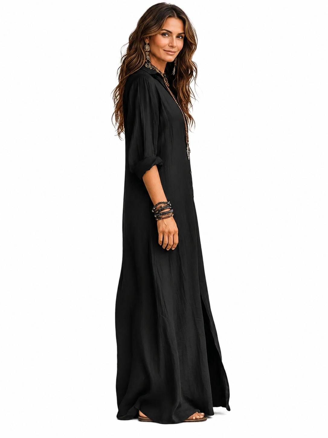 Vestido largo maxi negro con botones