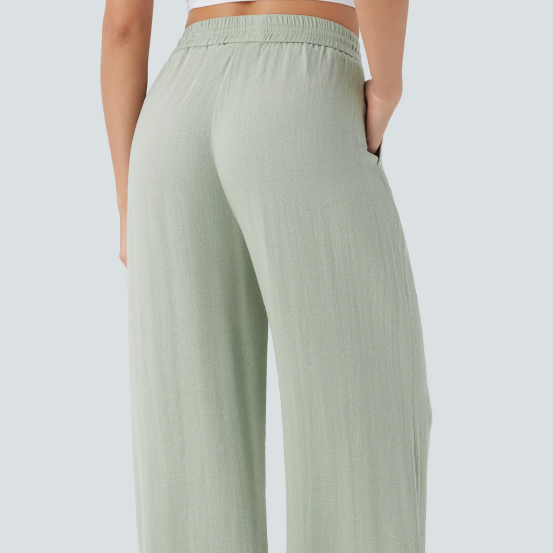 Pantalones Casuales de Cintura Alta con Cordón y Bolsillos, Estilo Lino, Pierna Ancha