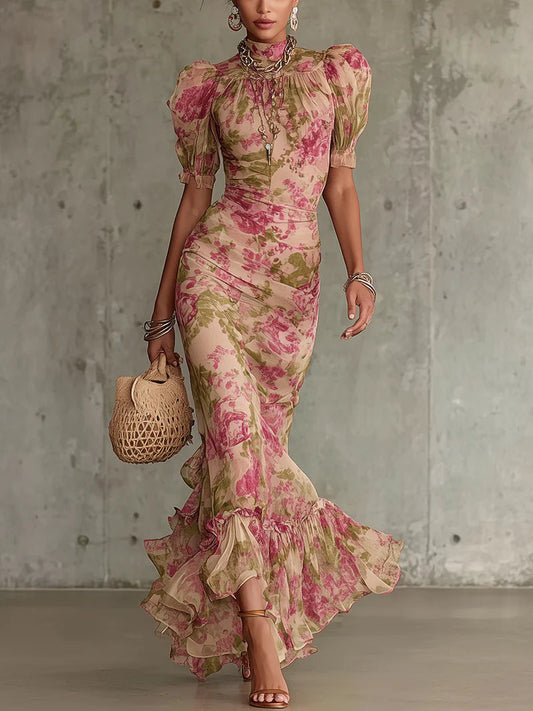 Eloísa | Vestido largo de gasa con mangas abullonadas
