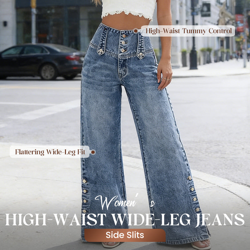 🌸 2026 Frühling/Sommer: Damen-Hochtaillierte Weitbeinjeans – Retro-Knöpfe, Seitenschlitze & Stretch-Denim – Schlankmachend & Trendig, S-2XL