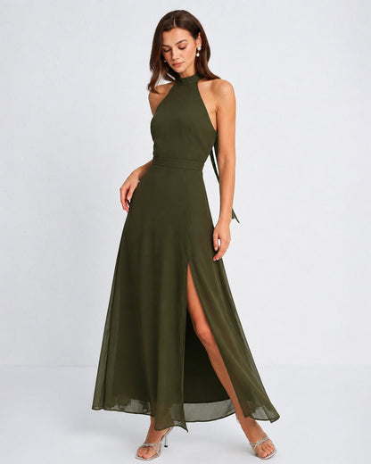 Lidia | Vestido largo verde de gasa con abertura